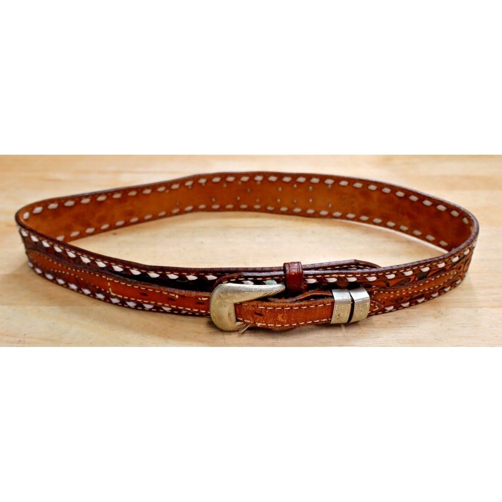 Tony Lama Size 32 Brown Stitched Leather Belt Tooled BRETT -  37" total length